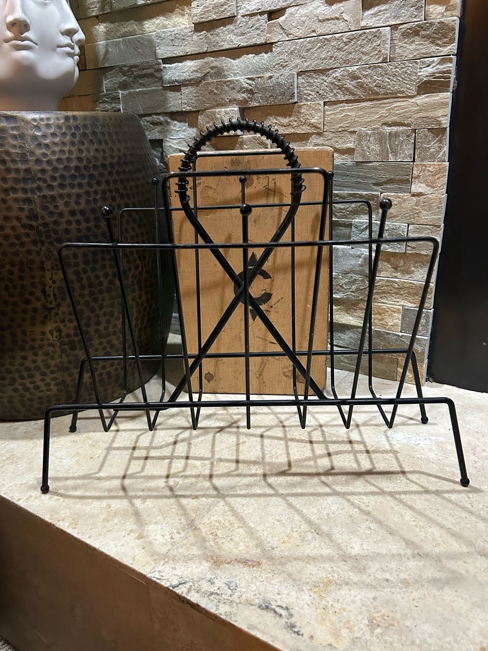 vintage black metal wire magazine and vinyl record holder